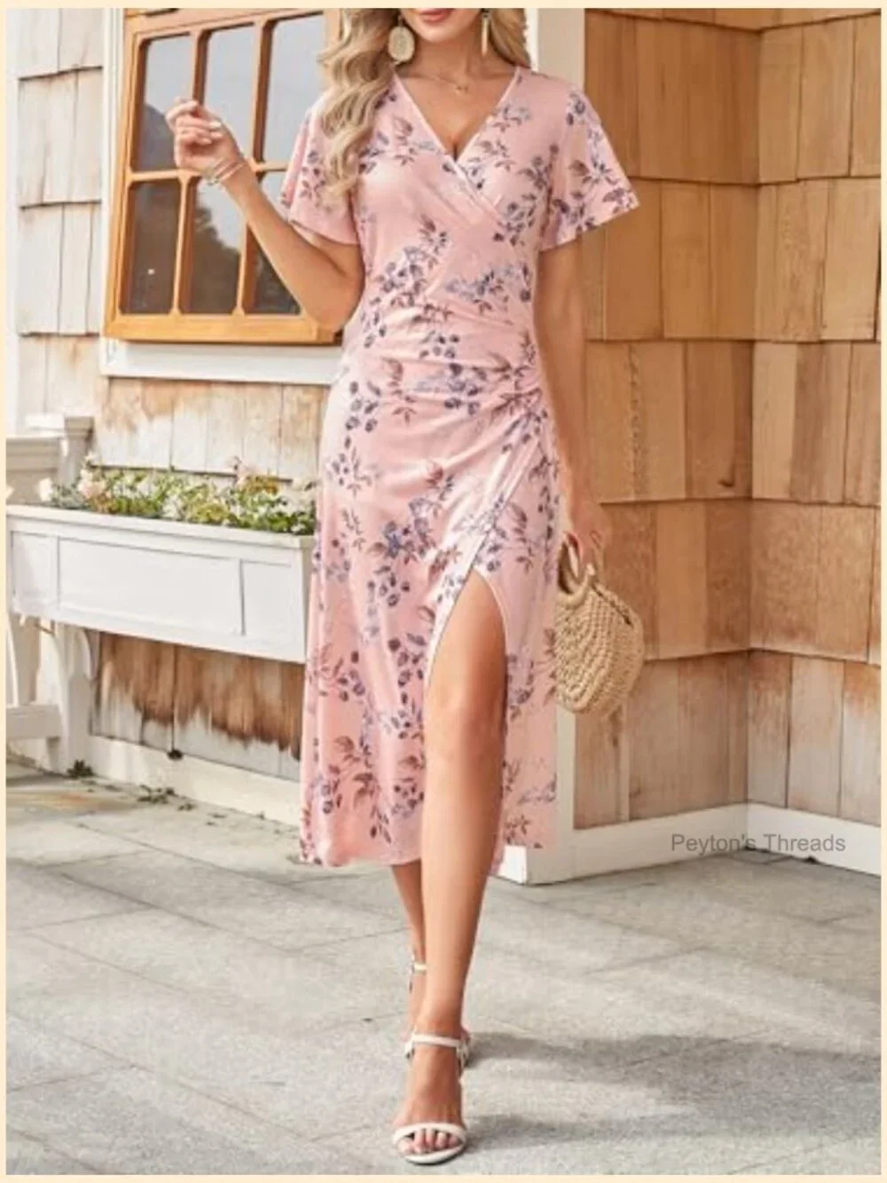 Short Sleeve Floral Wrap V Neck Ruched Waist Midi Dress Side Slit